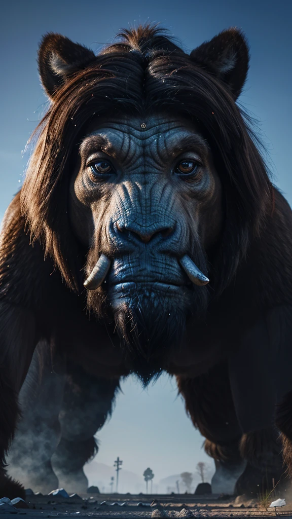 create for me Draw me a warrior mammoth, strong and powerful, big eyes with clear charisma, 4k resolution, main color blue 4k picture