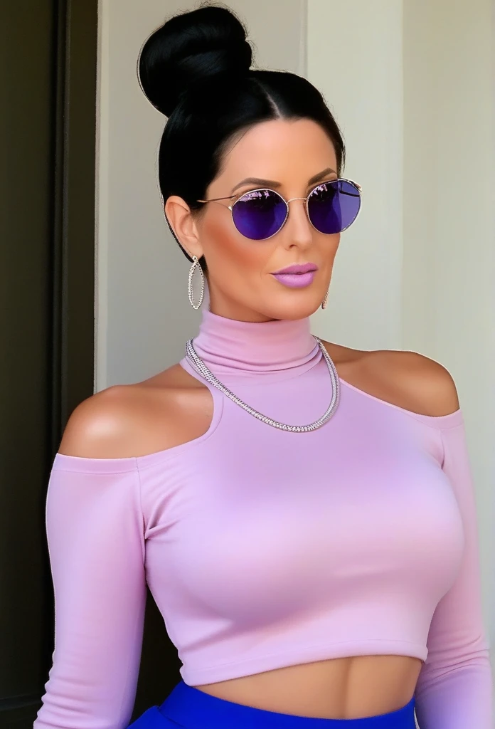 Hot sexy beautiful milf mom , hoops earrings,black hair,long slick back hair,blush,blue eyes, necklace ,one hair bun, lipstick, a light purple turtleneck, dark, flowing transparent lobg skirt,black sunglasses on head, protruding ass, waist shot, ass to camera