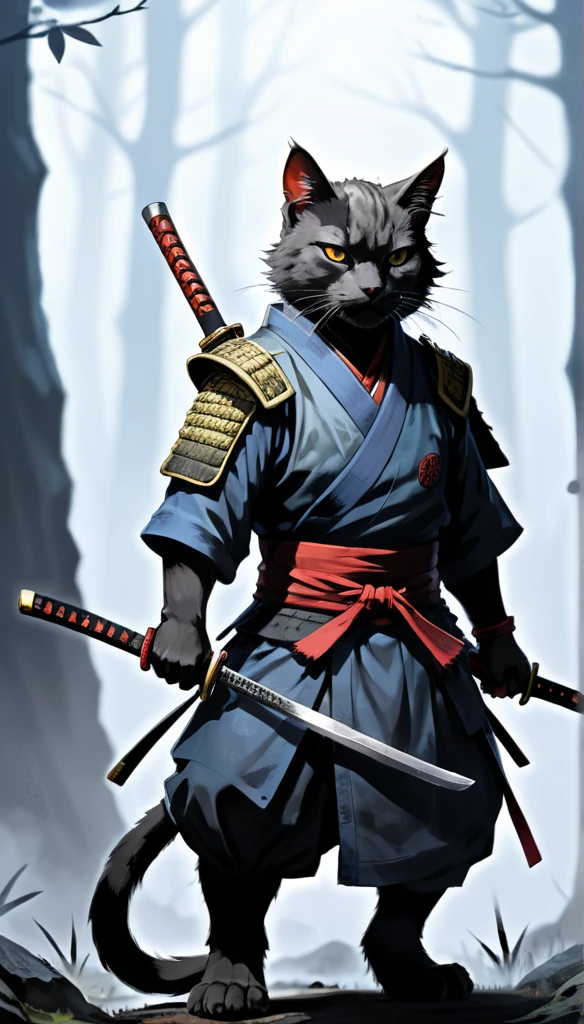 (drawing:1.3),Samurai Cat, battlefield, (Anime Art), 2D, colorful, Dark atmosphere
