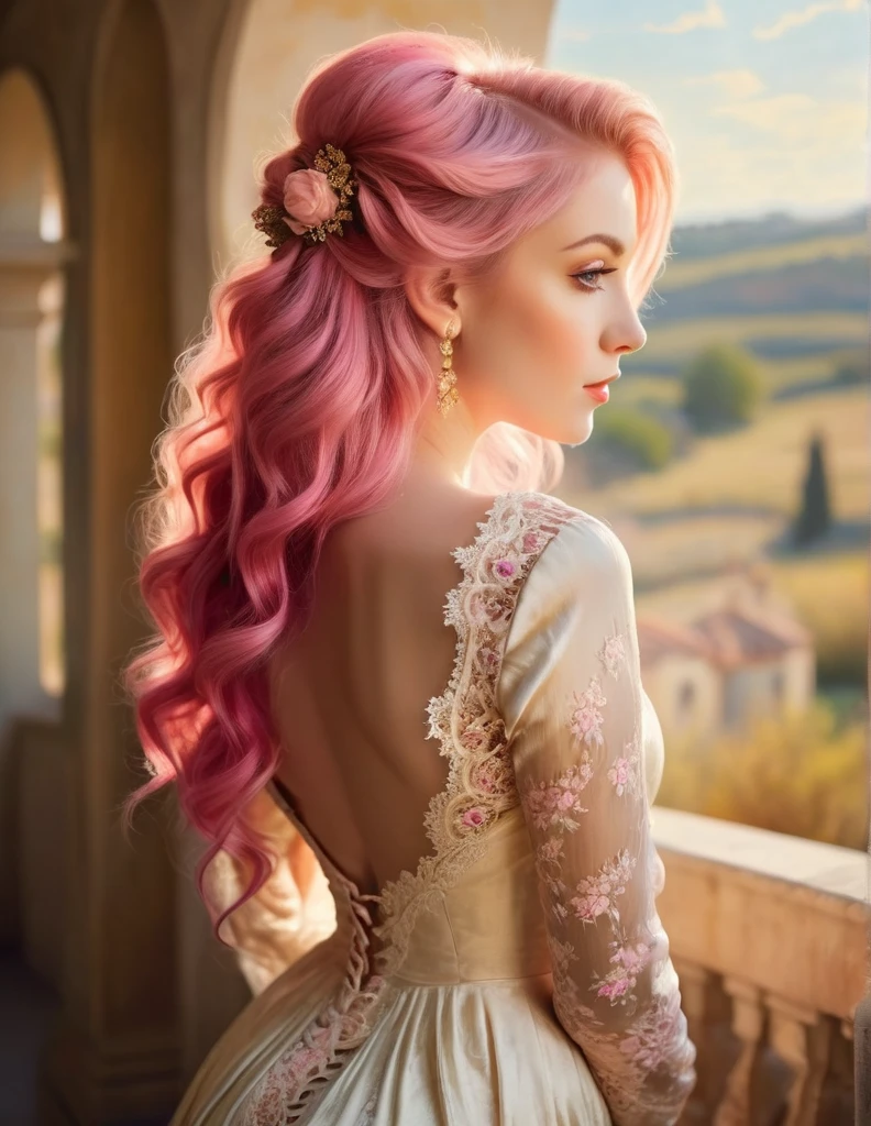 Very attractive 25 year old female with long wavy bright pink hair, Beautiful woman looking in profile, Back and buttocks,Classical painting,Delicate brushwork,Gorgeous tight lace dress,Detailed hairstyle,Gentle sunlight,Soft Shadows,Golden tones