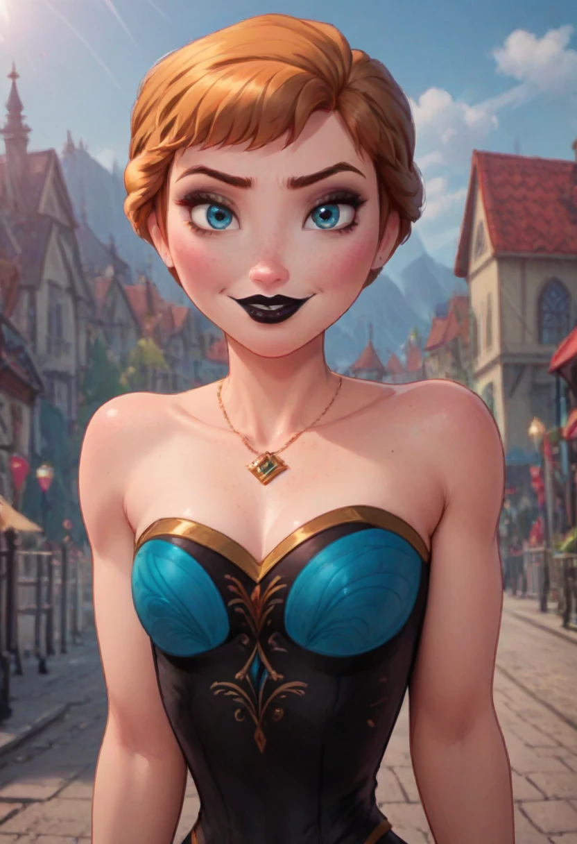 ((masterpiece, best quality)), Disney reference, (Anna), Anna smirks at viewer, black lipstick, black makeup, upper body: bare shoulders, skinny, wide hips, thick thighs