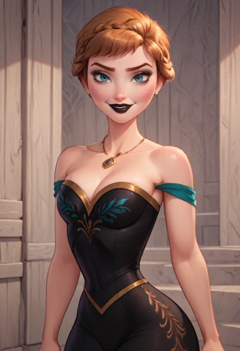 ((masterpiece, best quality)), Disney reference, (Anna), Anna smirks at viewer, black lipstick, black makeup, upper body: bare shoulders, skinny, wide hips, thick thighs