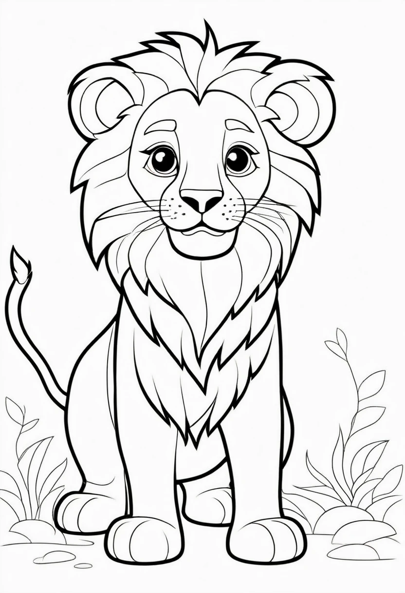 coloring page for children, cartoon style, lion, thick lines. good resolution suitable for printing.