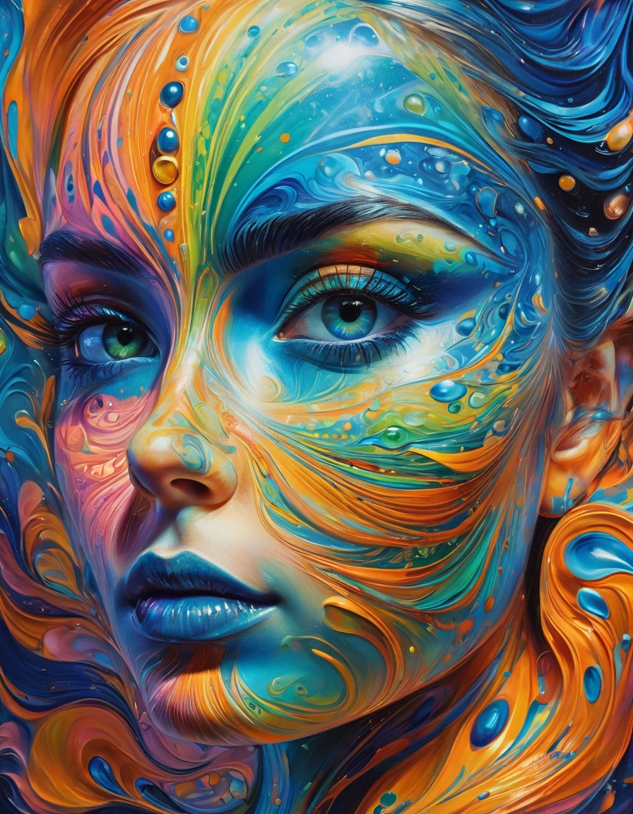 In the style of op art,surrealistic portrait of a person with vibrant,iridescent skin resembling a detailed sculpture inspired by Moebius and Beksinski.The person is against a hypnotic,psychedelic background dominated by orange,pink,green,blue tones, resembling an oil on water effect, oil painting technique on canvas, black background. The person's eyes should be strikingly blue,special effects,symmetrical arrangement, surreal,soft airbrush, psychedelic, bioluminescent.8k,HDR,UHD capabilities, making it an award winning and dramatic piece of art trending on Artstation,cm™