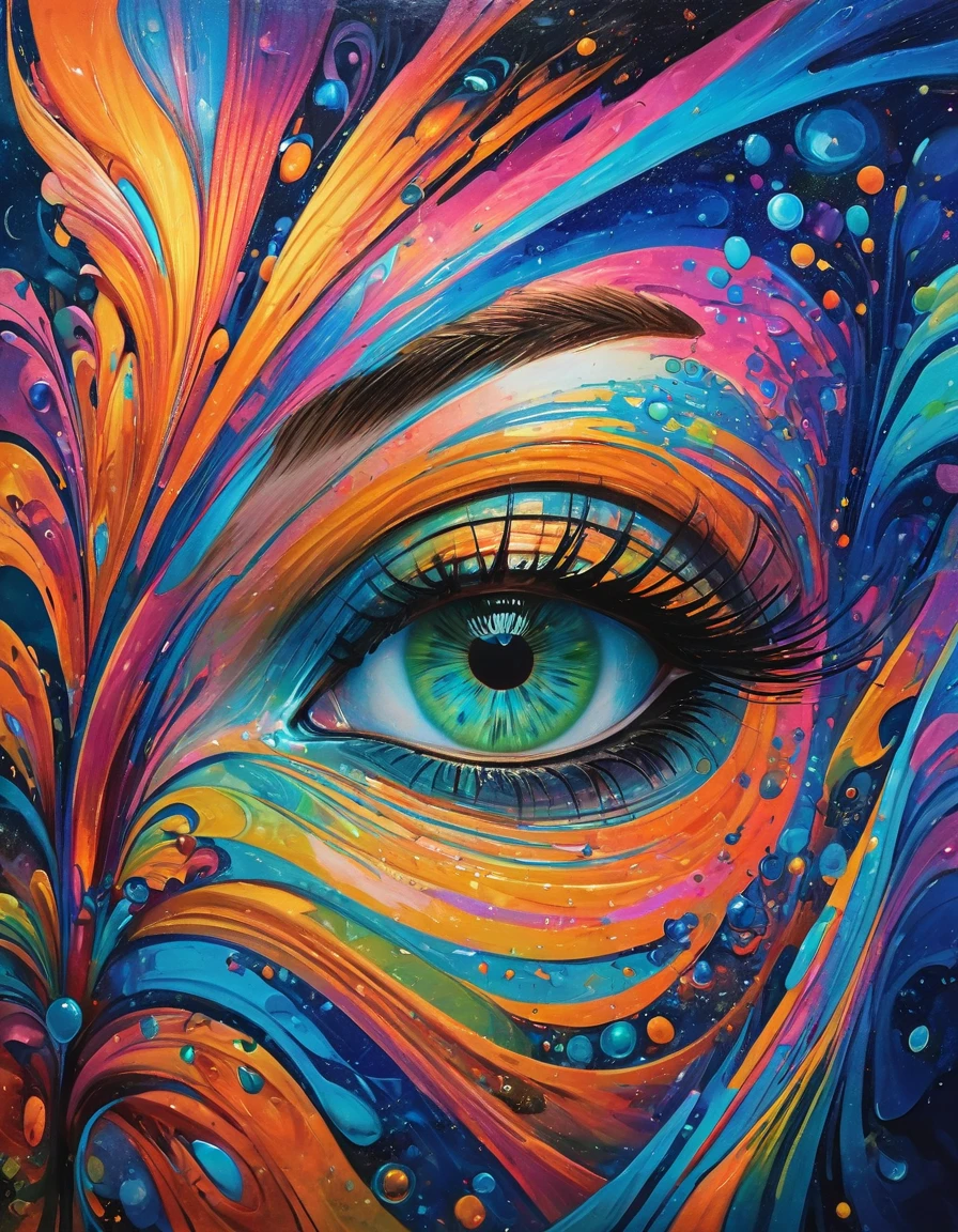 In the style of op art,surrealistic portrait of a person with vibrant,iridescent skin resembling a detailed sculpture inspired by Moebius and Beksinski.The person is against a hypnotic,psychedelic background dominated by orange,pink,green,blue tones, resembling an oil on water effect, oil painting technique on canvas, black background. The person's eyes should be strikingly blue,special effects,symmetrical arrangement, surreal,soft airbrush, psychedelic, bioluminescent.8k,HDR,UHD capabilities, making it an award winning and dramatic piece of art trending on Artstation,cm™