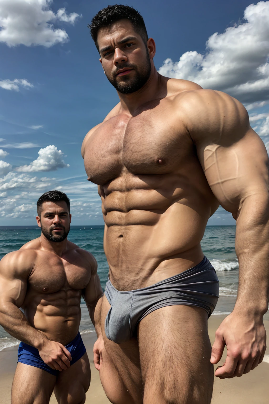 Ultra wide angle,(Medium shot of two handsome guys),twin,Male love,plump breasts,swelling of chest muscles,Full chest muscles,swelling of chest muscles,Sweat,Skin is moisturized and shiny,(face slimming),small head,short hair,beard,Sexy and charming expression,gloomy eyes,blue eyes,Naughty and cool,Handsome and cool guy, (Topless), ultra thin pantyhose,Big bag highlights,(Full chest muscles),(breast muscle swelling),Chest and belly hair,Topless,Skin smooth and hydrated,fiery, Super Sexy, Behind him is the sea, standing on a sandy beach by the ocean,There are flying fish and dolphins in the water,of a Topless, member, Very sexy,Blue sky and white clouds, member, looks hot, Strong smoldering, Attractive and good looking, 30 years old, Attractive man, sexy masculine, 8k reality, Ultra-detailed photos, Bulger j8,Perfect hand details,Perfect facial details
