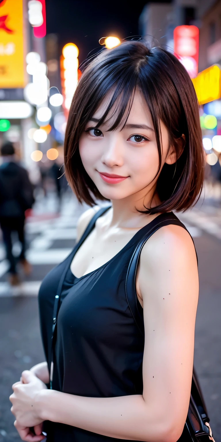 1 girl, Tokyo Street,night, Streetscape,City lights,Upper Body,close,smile,, (8k, RAW Photos, Highest quality, masterpiece:1.2),(Realistic, photo-Realistic:1.37),