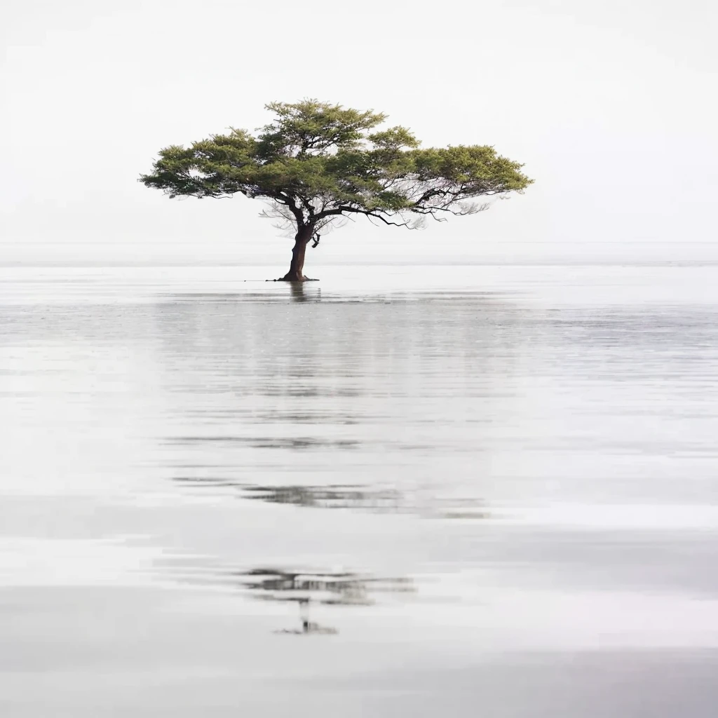 arafed Tree in the middle of a body of water, the Tree is on top of a calm sea, Tree, single Tree, In the peaceful scenery, In the middle of the lake, Amazingly simple composition, Very simple, Great composition and photography, Calm and serene, looks like a Tree silhouette, solitary, solitary立 on whites, Very beautiful photos, solitary立
