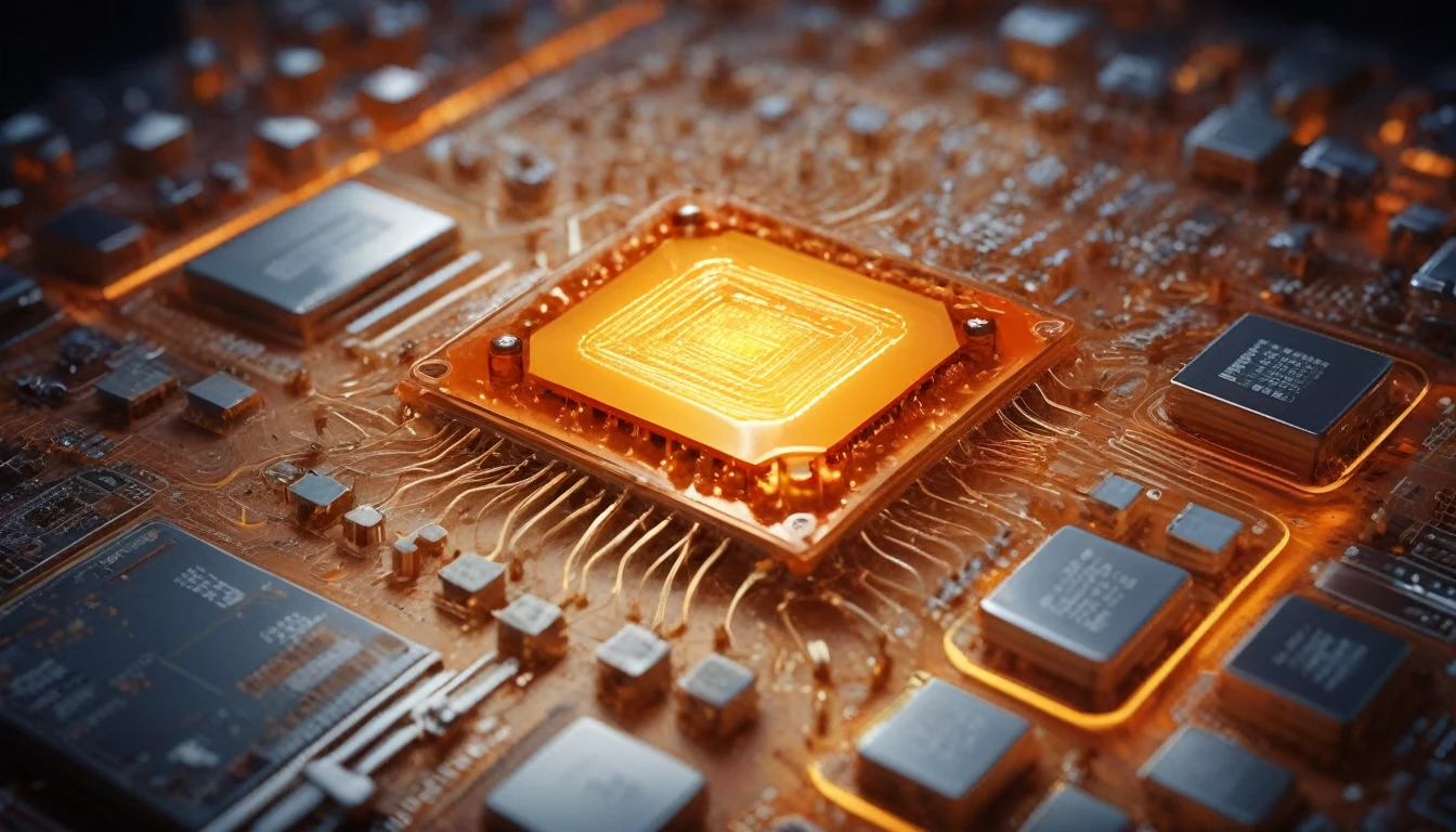 Orange,chip,Product Close-up,Close-up of the Photogram,Rendering,C4D,High-speed flow,3d,ultra-high definition texture details,Large Scale Integrated Circuit,Large-scale CPU cluster,Network communication,data stream,Special effect,(The emitted light converges in the middle:1.5),container_architecture