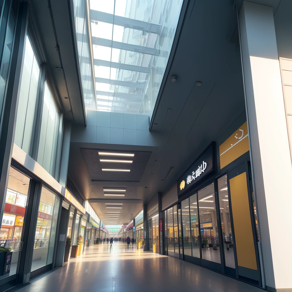 drawing of a shopping mall(Japan style),AEON mall,(many shop),((best quality)), real world location,downtown,((street )),realistic,((indoor lighting)),many human going to shopping mall , ((intown)),curtain wall, road,glass window,((afternoon)),((sunny)),bigdoor, center composition,((parking lot)), sidewalk,3 points perspective,reflection glass panel,billboard with ledlight.morning, many big trees in the yard,((ATM)),((billboard))