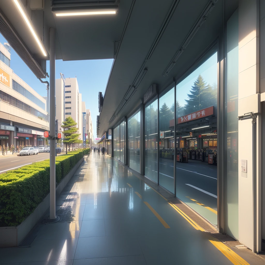 drawing of a shopping mall(Japan style),AEON mall,(many shop),((best quality)), real world location,downtown,((street )),realistic,((indoor lighting)),many human going to shopping mall , ((intown)),curtain wall, road,glass window,((afternoon)),((sunny)),bigdoor, center composition,((parking lot)), sidewalk,3 points perspective,reflection glass panel,billboard with ledlight.morning, many big trees in the yard,((ATM)),((billboard))