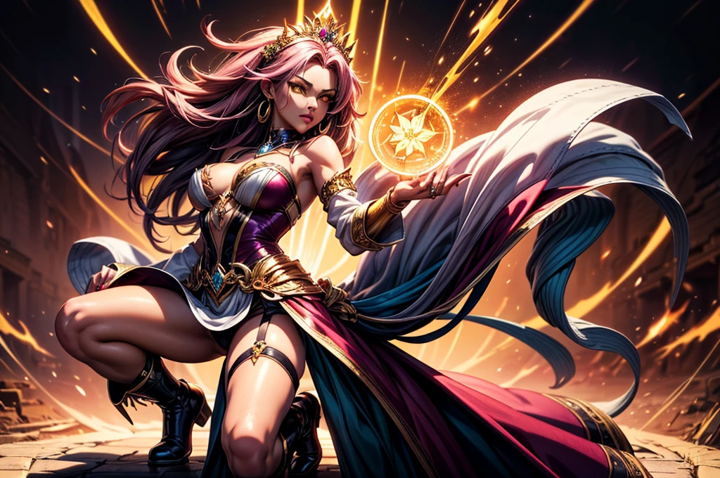 indoors, woman, scenery, smirk, maroon eyes, extremely long hair, pink hair, forehead, serious, medium breasts, white stockings, hands on chests, holding crown, tsurime, queen of diamonds, diamond fragments circling around, mythical, ethereal, throne