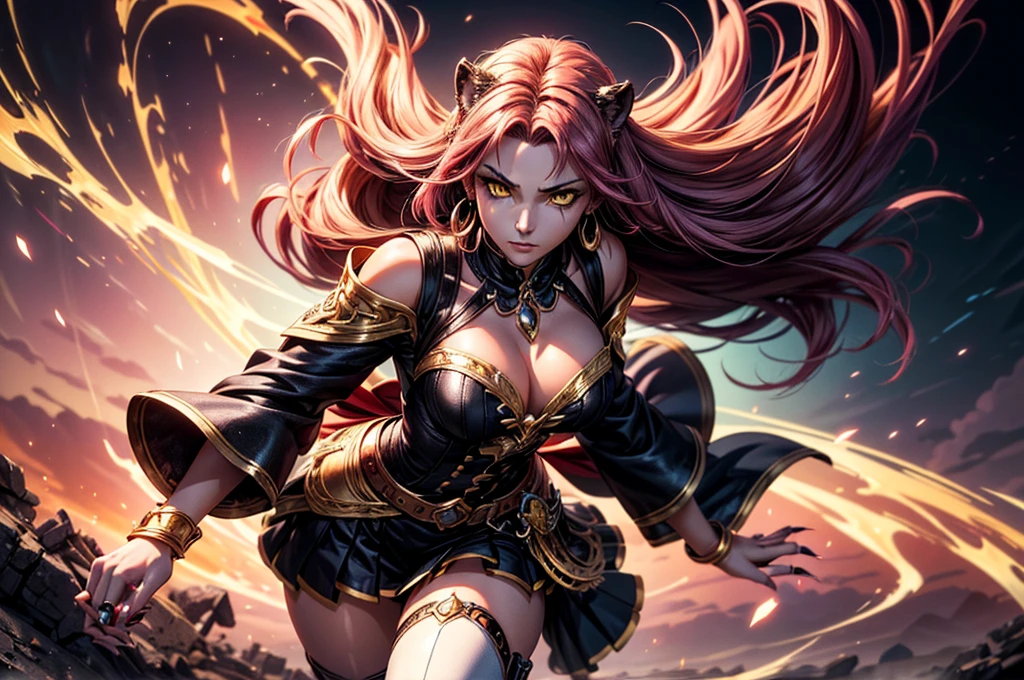 There is lost coliseum there in battle stance stand female lioness , she have ebony colour skin beautiful yellow eyes dark gold eyeshadows make up, ring style earrings, her hair is purple with pink highlights . she dressed in white neather topic with golden parts on countures also short and white leather straps on her legs instead of boots, her hands have hude ruby claws on her fingers, (ultra high quality fantasy art, dark fantasy style, masterpiece, ultra high quality character design, 8k quality anime art, realistic anime art, top quality wallpaper illustration, detailed ultra high quality accurate face, high quality design and accurate physic)