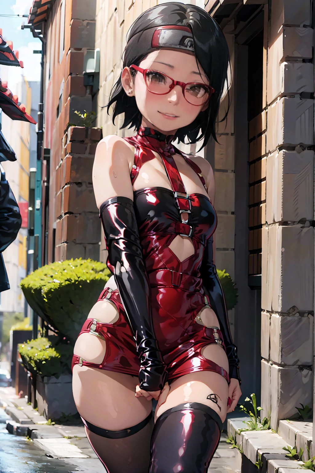 (solo:1.5),(masterpiece), (best quality:1.3), anime, hentai, ultra detailed, intricate, professional art, digital art, absurdres, 1girl, wet pussy, no pants, sarada uchiha posing on the the sidewalk wearing bodycon-minidress, pear shaped body, (hips wider than shoulders:1.3), (bodycon-minidress:1.3), smirk, black hair, short hair, headband, glasses, black eye color, sarada_uchiha,thick thighs, flat chest, bubble butt, frontal view, huge ass, wide hips, arm gloves, fishnet stockings, panties, (flat chest:1.2), smirk,
