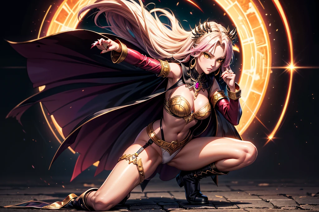 There is lost coliseum there in battle stance stand female lioness , she have ebony colour skin beautiful yellow eyes dark gold eyeshadows make up, ring style earrings, her hair is purple with pink highlights . she dressed in white neather topic with golden parts on countures also short and white leather straps on her legs instead of boots, her hands have hude ruby claws on her fingers, (ultra high quality fantasy art, dark fantasy style, masterpiece, ultra high quality character design, 8k quality anime art, realistic anime art, top quality wallpaper illustration, detailed ultra high quality accurate face, high quality design and accurate physic)