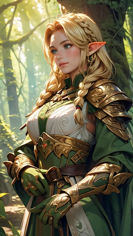 A girl with long blond hair and braids, Wearing bright green armor. She is an elf warrior, Standing confidently in the depths of the dense forest. Her eyes shone with determination,Lips tightly closed,The expression is firm. Her armor is detailed, Gleaming in the dappled sunlight filtering through the leaves. The forest surrounds her, Towering ancient tree,moss covered,Greenery. Sunlight shines through the tree canopy, creating a magical atmosphere. The air is filled with mystery and charm. Elf warrior girl holding a bow in her hands, ready. Bow made of polished wood, Beautifully carved,Complex pattern. The arrow in her hand is about to fly, Prepare to hit the target accurately. The girl's pose exudes grace and power, Showing her agile and skilled nature. As she stood in this magical forest, She is a symbol of courage and resilience. Vivid scene colors、Energetic, Capturing the lushness and beauty of nature. Soft and warm lighting, Illuminate the girl and the forest with a magical glow. High overall image quality, With ultra-fine functions,Bring the scene to life. This tip is designed for Stable Diffusion,To generate a realistic、Photo-realistic artwork,Depicts an elf warrior girl in a lush forest setting.
