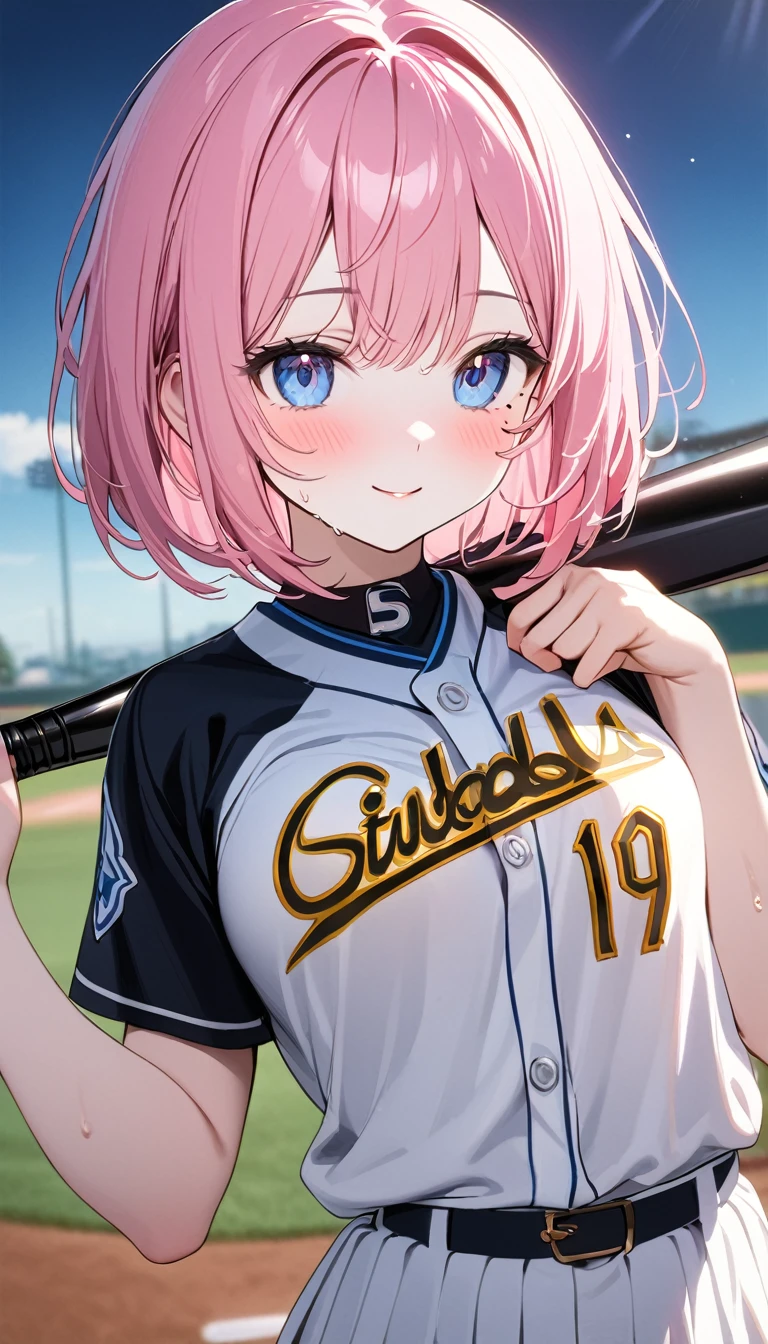 (1 girl),(Best Picture Quality, 8K, Masterpiece:1.3), (high school student:1.5), ((pink lob hair:1.1)), (bob cut),(swept bangs), (cute eyes, pupil black, iris skyblue, youthful face), (mole under right eye), (standard weight), (small breasts), (glistening skin:1.1),(pale skin:1.2),((baseball uniform)),(Smile),(sweat),(short sleeve),(baseball bat),