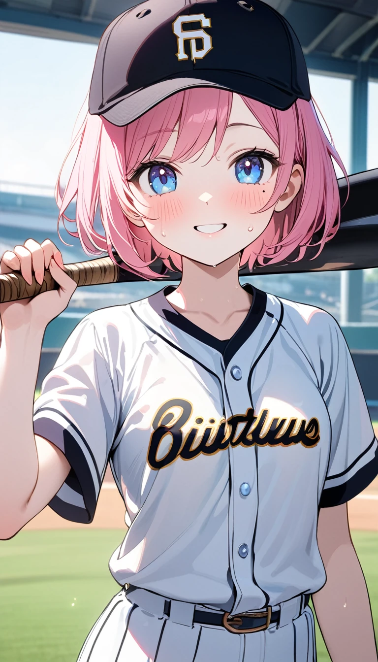 (1 girl),(Best Picture Quality, 8K, Masterpiece:1.3), (high school student:1.5), ((pink lob hair:1.1)), (bob cut),(swept bangs), (cute eyes, pupil black, iris skyblue, youthful face), (mole under right eye), (standard weight), (small breasts), (glistening skin:1.1),(pale skin:1.2),((baseball uniform)),(Smile),(sweat),(short sleeve),(baseball bat),