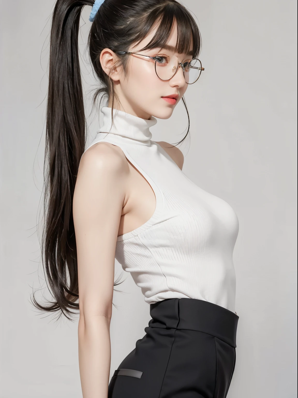 (Best quality, masterpiece, detailed), (RAW, 4k, hd images), shy, 1 girl, 17 years old, white skin, long hair, ponytail, layers hair, bangs, black hair, beautiful girl, cute girl, sweet girl, pretty girl, perfect girl, pretty eyes, blue eyes, thin lips, thin, eye line, perfect round breast, glasses(detailed frame), simple background, smile, thigh, legs, sleeveless turtleneck clothes, short pants, standing, side angle capture, half body, side breast