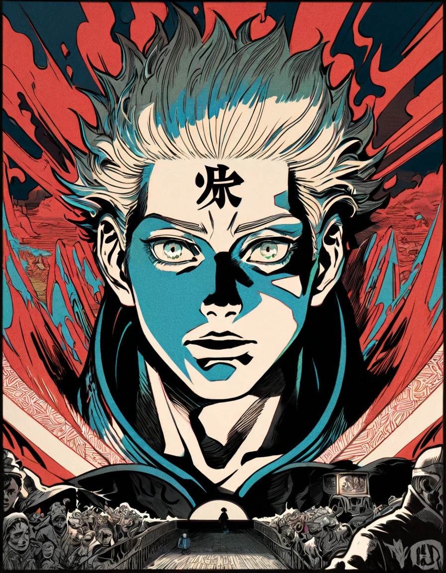 ryomen sukuna with four arms, from jujutsu kaisen, as Chicago hipster swagger style, with tattoos, four eyes, manga textures, blue, Japanese letters, poster art, reflections, Osamu tezuka, UHD, hyper- detailed illustrations, souls in the picture, dark, foreboding colours, speed painting, high contrast, solarization effect, high definition, ultra sharp, high resolution, intense colours, crisp details, vivid illustration, dynamic lighting, detailed textures, bold lines, comic style, anime aesthetics, tezuka- inspired, professional manga art, hyper-realistic shading, vibrant contrast, dramatic shadows, intricate patterns, polished finish, sharp focus, metallic fragments art, high contrast, enhanced clarity, digital paining, shonen style, energy aura, modern anime art, supernatural elements, celestial motifs, intricate backgrounds, holographic effects, detailed character designs, motion blur, epic composition, dynamic action poses, light flares, texture overlays, spectral imagery, high-impact visuals, luminous effects, surreal elements, fantastical landscapes, glistening, textures, high- fidelity rendering, immersive visuals, visual storytelling, expressive character emotions, visual harmony, elaborate costuming, storytelling symbolism, high-energy scenes