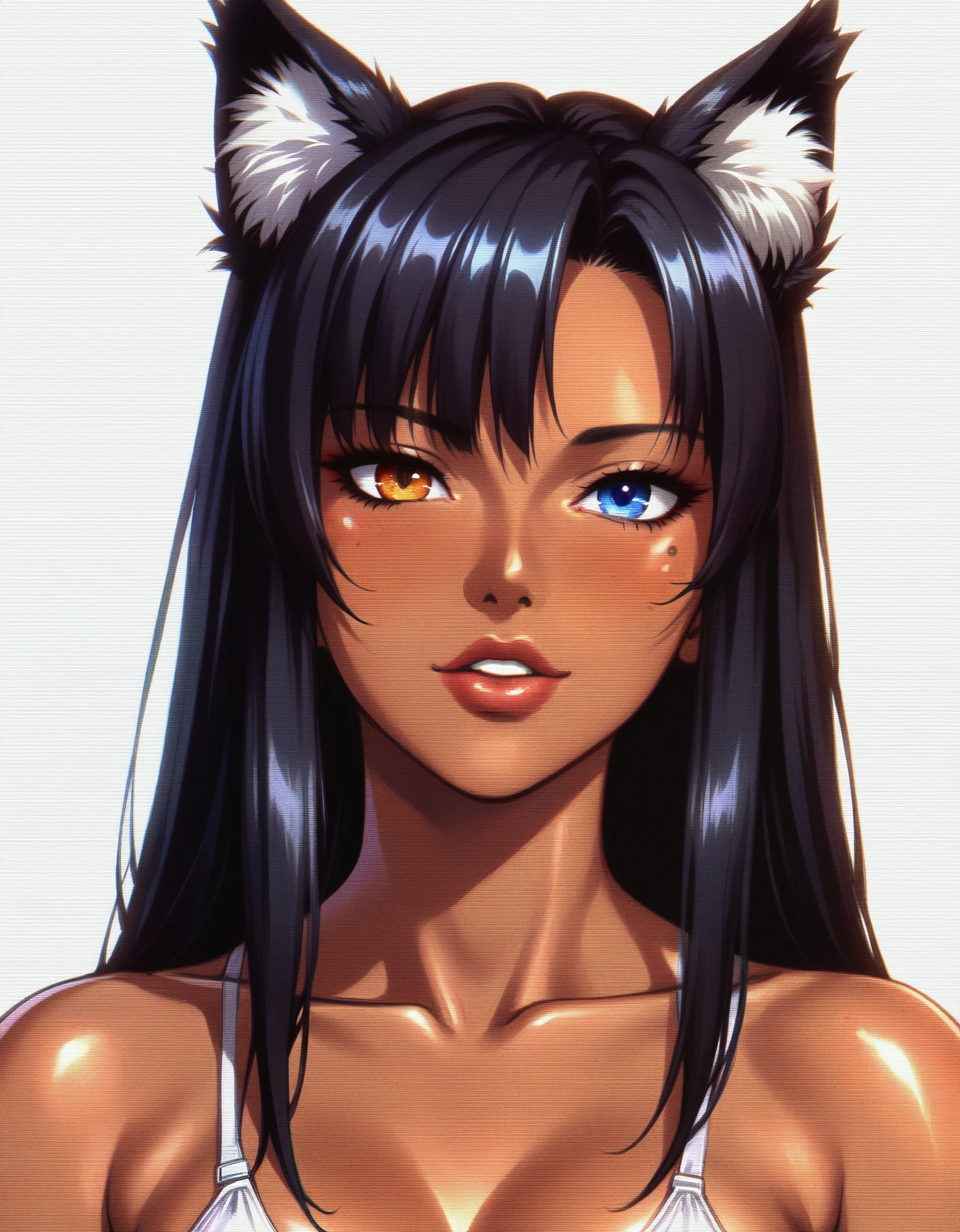 score_9, score_8_up, score_7_up, score_6_up, score_questionable, censored, vintage, 1990s \(style\), upper body, 1girl, pretty, seductive, dark skin, (long straight hair:1.2), black hair, black animal ears, (heterochromia:1.25),  looking at viewer, (facing viewer:1.2), tail, beautiful face, detailed eyes 