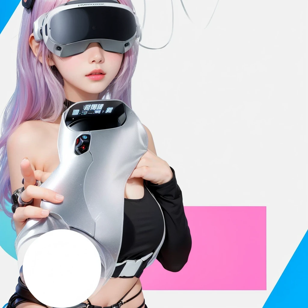 A woman holding a virtual reality device, 电子girl, 电子girl, Popular on cgstation, cute 机器人girl, Popular on cgstation内容, Female robot body, European Cyberpunk, Feminine body, Young robot lady, 美丽的白人girl, for ps5, beautiful girl, Qatar, girl，Pink Hair