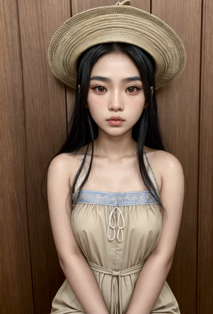 Naked girl with pigtails hairstyle in a naked coat with a necklace around her neck