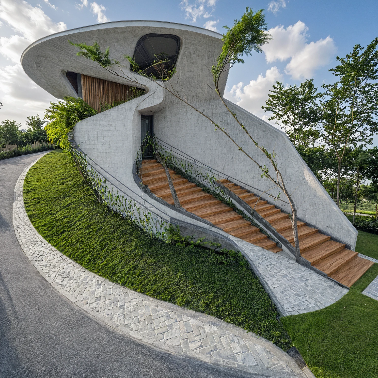 Masterpiece, high quality, best quality, authentic, super detail, outdoors, onestoreyvillaXL, aiaigroup, house style modern on the street ,stairs, white wall ,road,pavement, grass, trees, sky, cloud, (daylight:1.1)