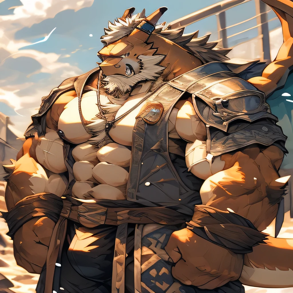 "Strong and powerful, Muscular old Viking standing in a stormy Nordic landscape.. His weather-beaten face reflects a lifetime of battle., Decorated with long, Braided beard and deep blue eyes. His imposing figure is wrapped in fur and leather armor.., Evoke feelings of strength and resilience. Behind him, Lightning illuminates the epic scene., Demonstrated his fearlessness and determination."Charizard,Big bulge
