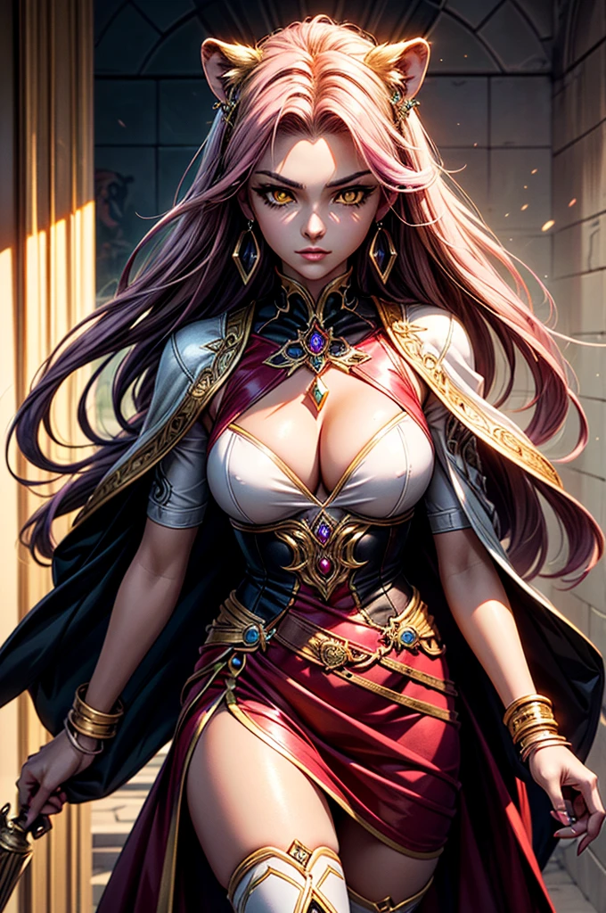 There is lost coliseum there in battle stance stand female lioness , she have ebony colour skin beautiful yellow eyes dark gold eyeshadows make up, ring style earrings, her hair is purple with pink highlights . she dressed in white neather topic with golden parts on countures also short and white leather straps on her legs instead of boots, her hands have hude ruby claws on her fingers, (ultra high quality fantasy art, dark fantasy style, masterpiece, ultra high quality character design, 8k quality anime art, realistic anime art, top quality wallpaper illustration, detailed ultra high quality accurate face, high quality design and accurate physic)
