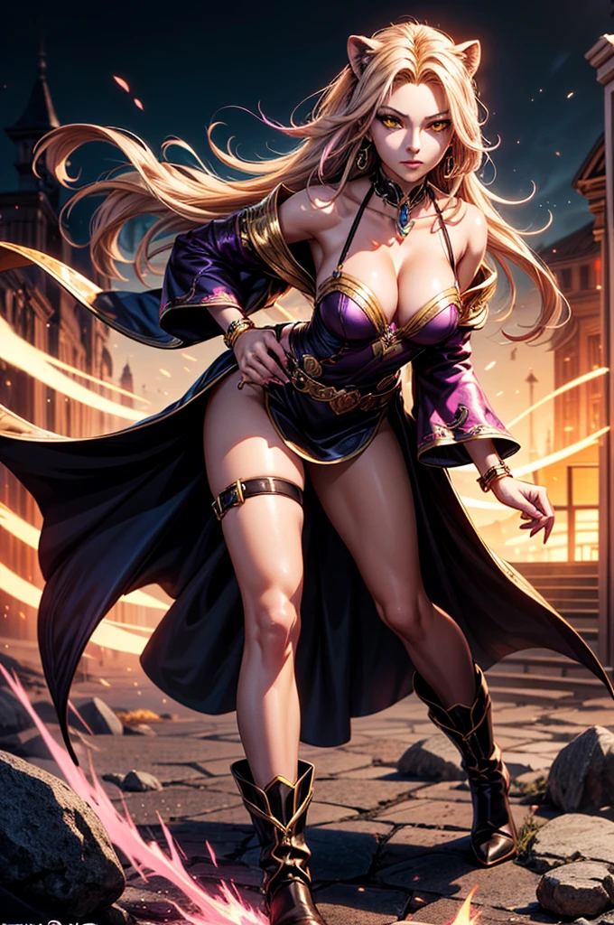 (magic:1.1, mystical, superhero, blond, dynamic, sexy, cleavage) [long blond hair], [sparkling blue eyes], [perfectly shaped body], (powerful, strong:1.1) [magic wand], [mysterious cape], (flying:1.1) [in mid-air], [dramatic poses], (intense:1.1) [spell casting], [bright energy beams], [magical artifacts], (epic battles:1.1), [city skyline], [explosions], (fierce:1.1) [facial expressions], [confident stance], [determined gaze], (beautifully detailed eyes, attractive facial features), purple outfit, cleavage, purple eyes, purple eye color