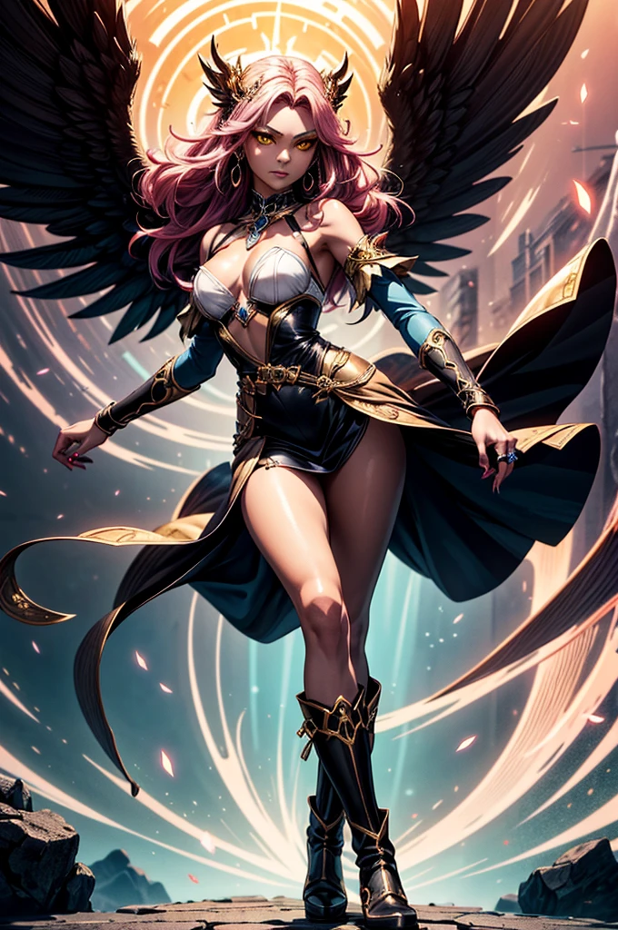 There is lost coliseum there in battle stance stand female lioness , she have ebony colour skin beautiful yellow eyes dark gold eyeshadows make up, ring style earrings, her hair is purple with pink highlights . she dressed in white neather topic with golden parts on countures also short and white leather straps on her legs instead of boots, her hands have hude ruby claws on her fingers, (ultra high quality fantasy art, dark fantasy style, masterpiece, ultra high quality character design, 8k quality anime art, realistic anime art, top quality wallpaper illustration, detailed ultra high quality accurate face, high quality design and accurate physic)
