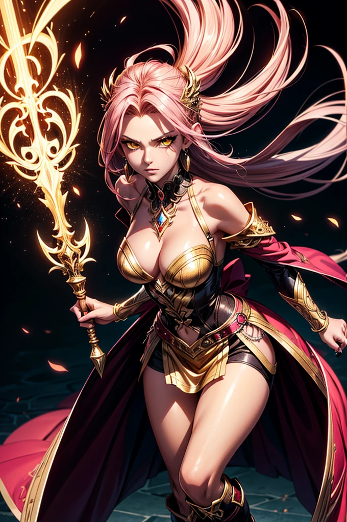 There is lost coliseum there in battle stance stand female lioness , she have ebony colour skin beautiful yellow eyes dark gold eyeshadows make up, ring style earrings, her hair is purple with pink highlights . she dressed in white neather topic with golden parts on countures also short and white leather straps on her legs instead of boots, her hands have hude ruby claws on her fingers, (ultra high quality fantasy art, dark fantasy style, masterpiece, ultra high quality character design, 8k quality anime art, realistic anime art, top quality wallpaper illustration, detailed ultra high quality accurate face, high quality design and accurate physic)