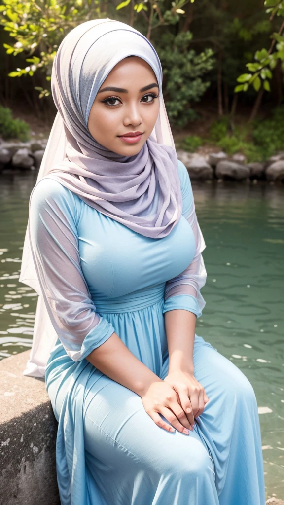 RAW, Best quality, high resolution, masterpiece: 1.3), beautiful Malay woman in hijab, Masterpiece, perfect fit body, big breasts,thick thighs, beautiful big eyes, Soft smile, muslim woman sitting on a wall by the water,wearing a long flowy fabric,long modest flowing gown,long dress sun flowet , hijab, , beautiful girl, near a jetty, beautiful lady, woman model, on a riverbank, casual photography, at the waterside, with lovely look, potrait, beautiful girl, beautiful image, lovely woman, full protrait, beautiful woman, protrait, in lake, serena malyon, casual pose , Great lighting, Bright colors, Ultra realistic clean lines, very realistic