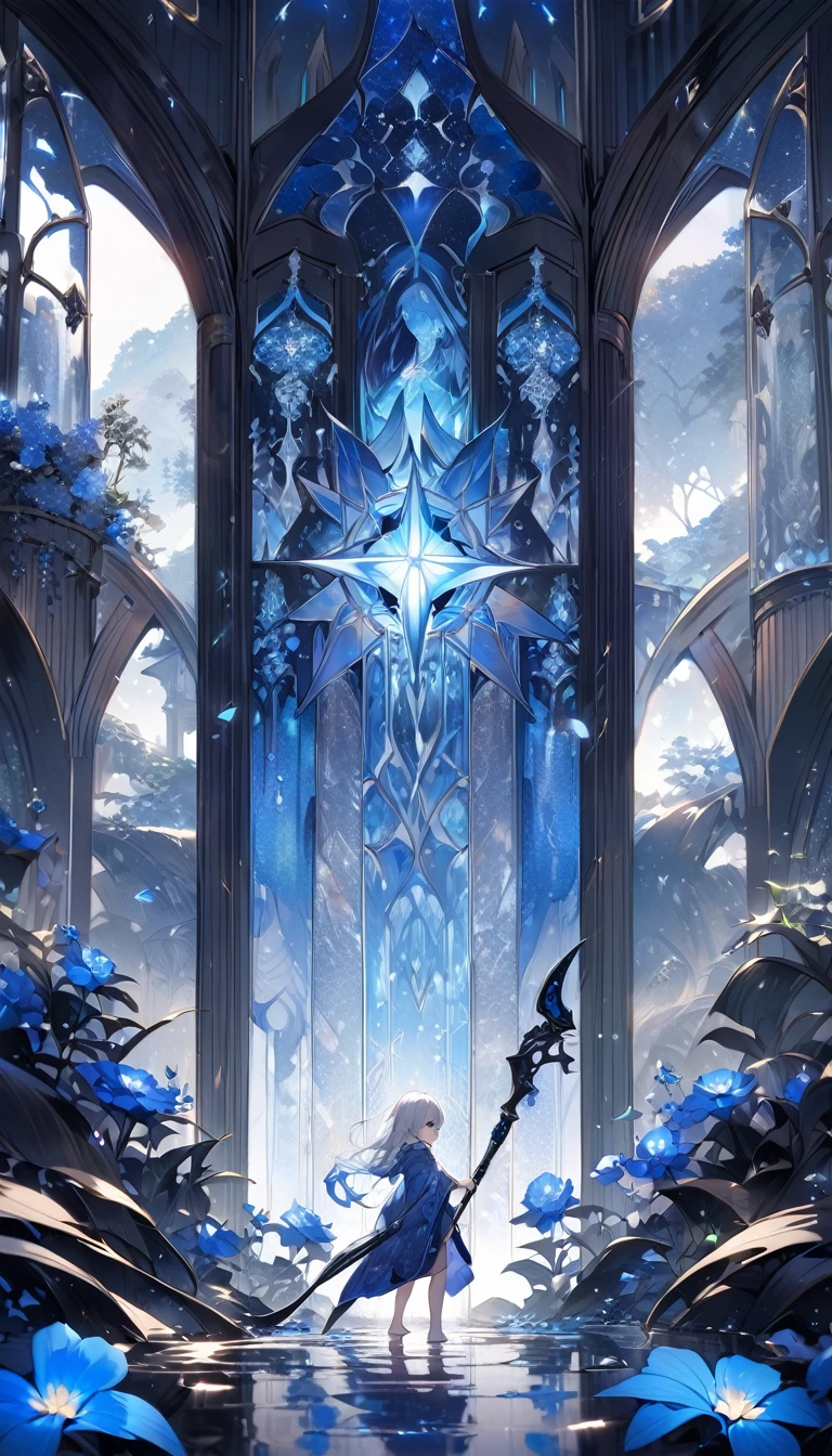Highest quality,masterpiece,Detailed Details,Super detailed,colorful,The background is dark blue water,Transparency,Use HDR technology to create a sense of depth,beautiful,beautiful自然,Sacred atmosphere,8-year-old girl,Alone,Wearing starry wizard robes,Stand in the center of the screen,The whole body faces this way,Look diagonally forward to the left,holding a scythe,A scythe blade made from a blue gem.,A scythe handle made from a black gem.,Narrow and gentle eyes,mysterious,Long silver hair decorated with blue flowers,Fantasy atmosphere,beautiful虹色の蝶々is flying in the air