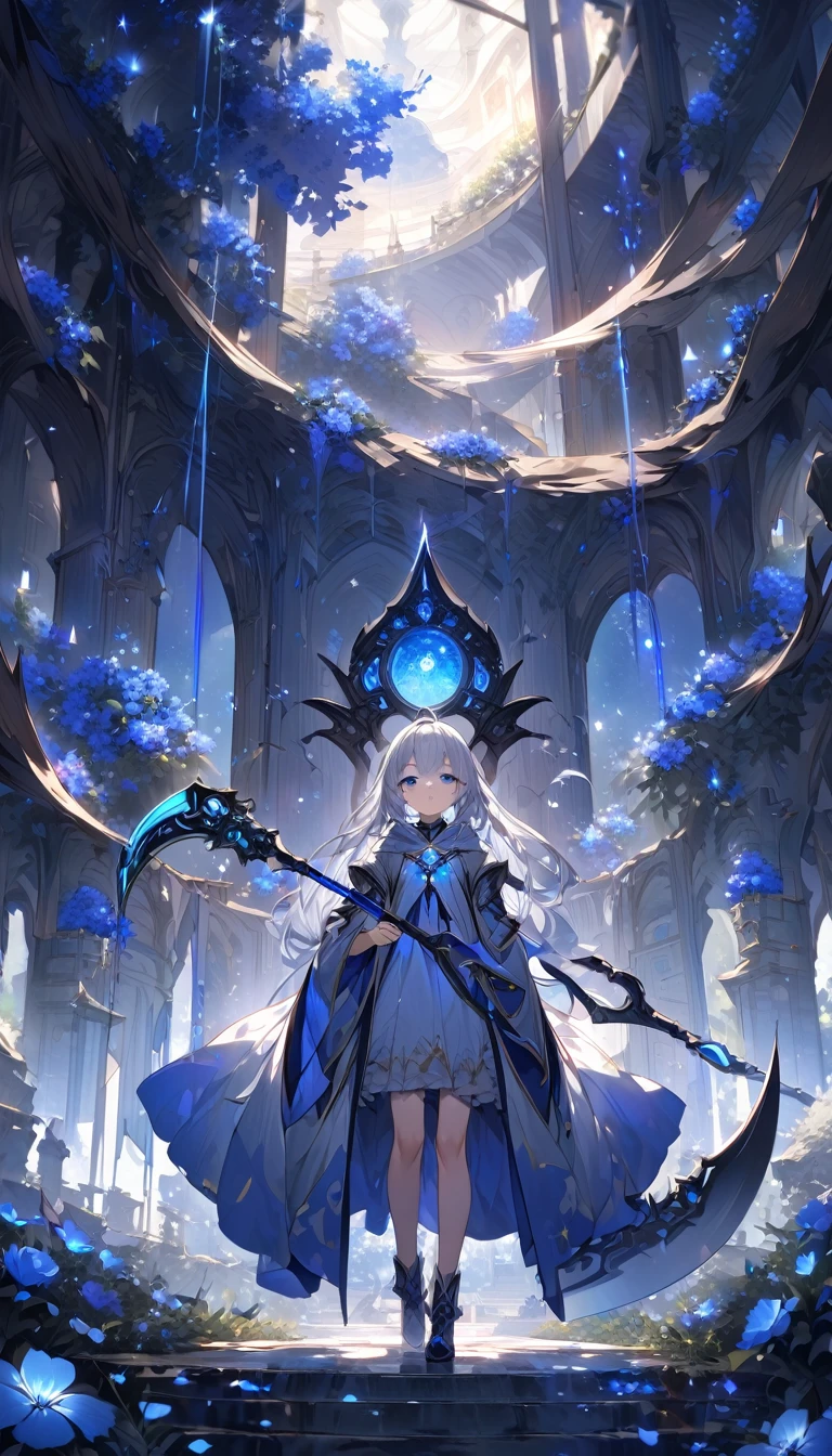 Highest quality,masterpiece,Detailed Details,Super detailed,colorful,The background is dark blue water,Transparency,Use HDR technology to create a sense of depth,beautiful,beautiful自然,Sacred atmosphere,8--old l,Alone,Wearing starry wizard robes,Stand in the center of the screen,The whole body faces this way,Look diagonally forward to the left,holding a scythe,A scythe blade made from a blue gem.,A scythe handle made from a black gem.,Narrow and gentle eyes,mysterious,Long silver hair decorated with blue flowers,Fantasy atmosphere,beautiful虹色の蝶々is flying in the air