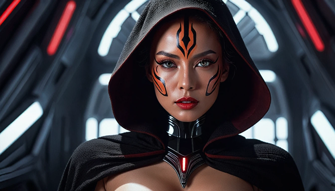 a cinematic star wars scene, sexy female tiger humanoid sith lord, black cloak natural breasts, topless, naked , intricate detailed face, beautiful detailed eyes, beautiful detailed lips, extremely detailed face and eyes, long eyelashes red glowing light sabber, detailed portrait, photorealistic, inside a space vessel , dramatic lighting, intricate armor and details, dynamic attack fithing pose, full body shot, cinematic composition, hyper-realistic, moody color palette, dramatic lighting and shadows, intricate details, masterpiece