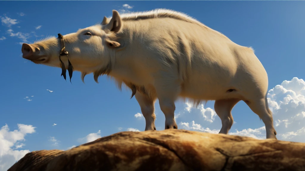 A white boar stands on a rocky cliff, realistic photography、 realistic 、The Last Airbender's Appa, Dramatic cinematic detailed fur, Ice Age, Anime movie shooting, From the movie Fang, ancient art, Tamandua, unicorn From the movie Fang, Arctic, ancient mongolian elon musk, voluminous fur