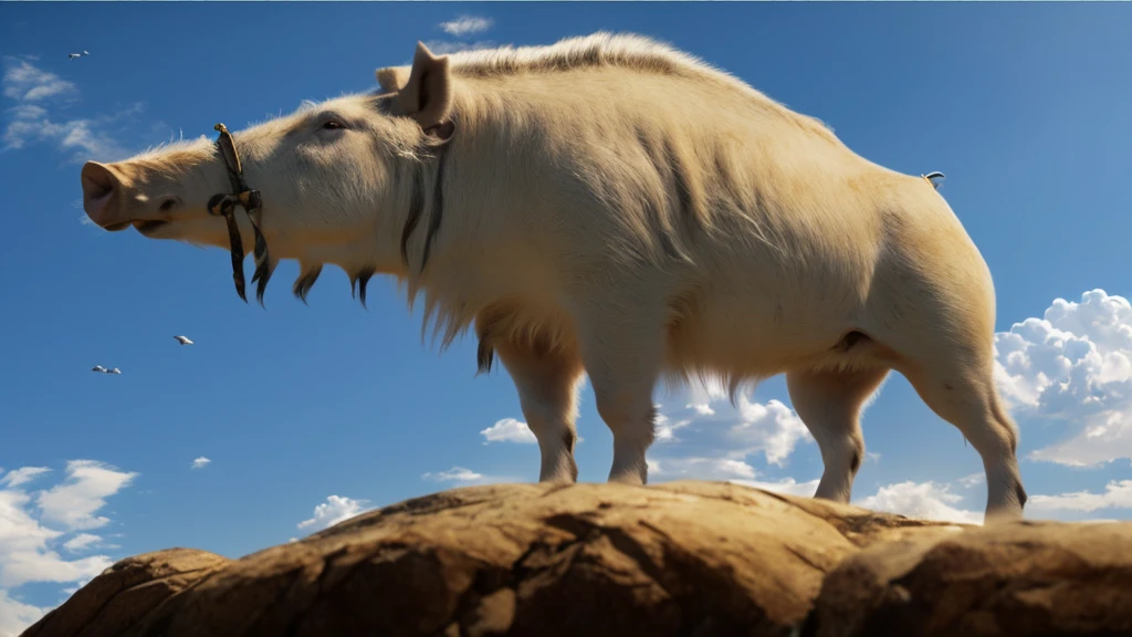 A white boar stands on a rocky cliff, realistic photography、 realistic 、The Last Airbender's Appa, Dramatic cinematic detailed fur, Ice Age, Anime movie shooting, From the movie Fang, ancient art, Tamandua, unicorn From the movie Fang, Arctic, ancient mongolian elon musk, voluminous fur