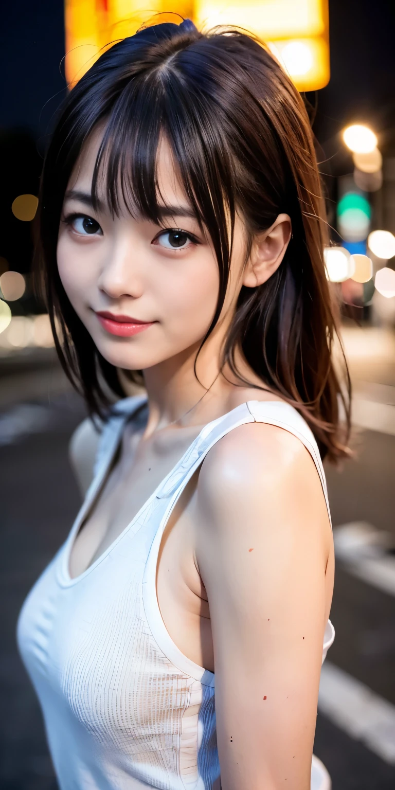1 girl, Tokyo Street,night, Streetscape,City lights,Upper Body,close,smile,, (8k, RAW Photos, Highest quality, masterpiece:1.2),(Realistic, photo-Realistic:1.37),