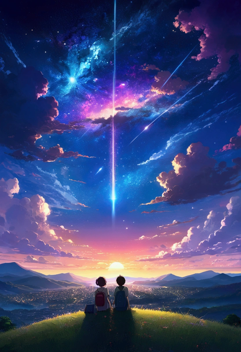 Makoto Shinkai anime style night sky, very vivid galaxy, ultra realistic colorful nebulae, starry night, silhouettes of male and female high school students on hill, dramatic realistic clouds, sunset colors, blue and purple space sky, fireflies, detailed stars, dreamy atmosphere, lens flare, cinematic lighting, 8K resolution, Makoto Shinkai Winds
