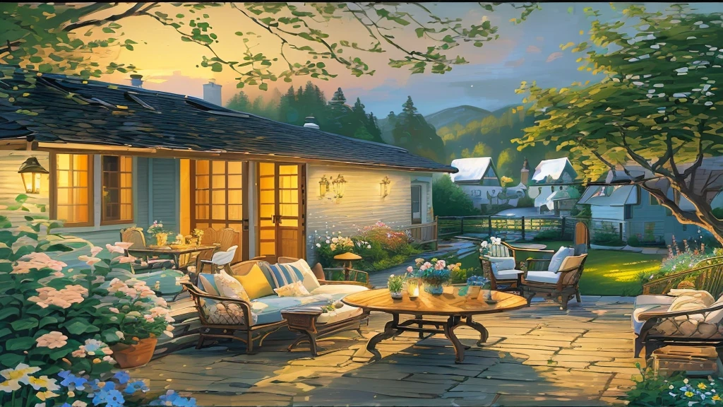 painting of a patio with a table and chairs and a table with flowers, serene evening atmosphere, summer afternoon, cottagecore!!, idyllic cottage, evening ambience, soothing and cozy landscape, cozy and peaceful atmosphere, cosy enchanted scene, thomas kinkade. cute cozy room, cozy home background, summer setting, detailed painting 4 k, by Li Keran