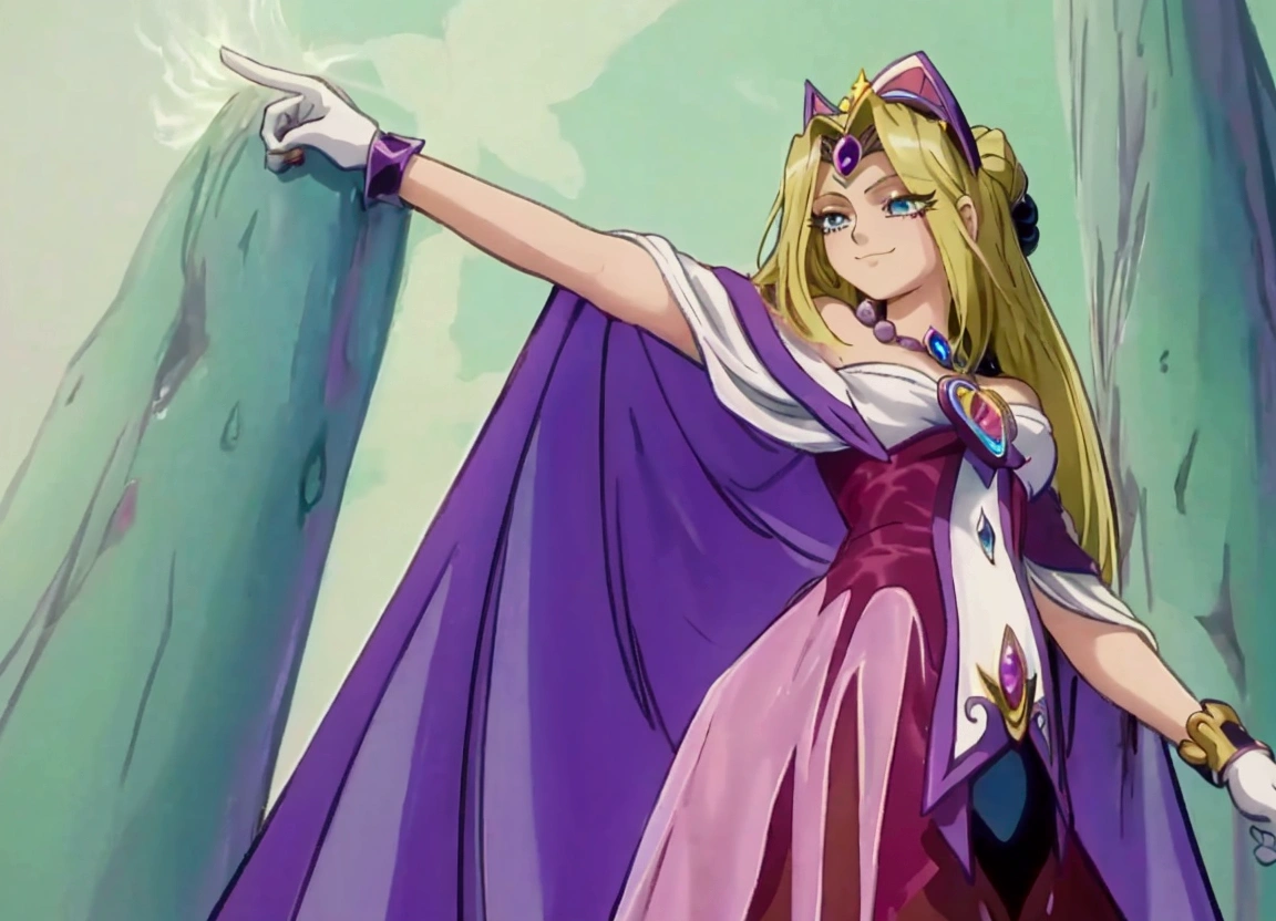 a closeup of a woman in a dress pointing at something, knights of the zodiac girl, intergalactic princess, black magician girl, gyro zeppeli, king hymn as princess, beautiful dark magician girl, 80s anime this style, the princess of power, The goddess Artemis smiling, dark magician girl from yu-gi-oh, digimon glamorous angelic woman