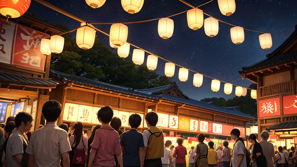 Local summer festival night、A fantastic light illuminates the surroundings、Ultra-high resolution、8k、16K、Japanese Summer Festivals、Return、A quiet and slightly lonely scene、A few remaining lanterns cast a warm light in the night sky.、Evokes the bittersweet feeling of a late summer night