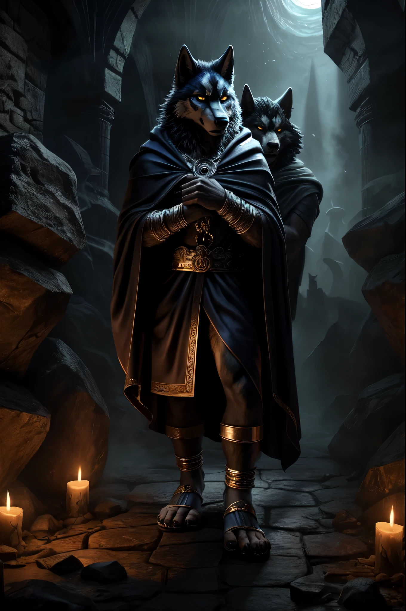 (((Barefoot furry character, full body, cinematic setting, furry male, plantigrade))), (((wearing silver anklets))), (((wearing gladiator sandals)))
(((Hades))) - (((God of the Underworld))) depicted as a mysterious (((wolf))) anthro with charcoal-gray fur and glowing amber eyes. He wears a dark hooded cloak that billows around him. Hades sits barefoot amidst eerie mist and shadows, with spectral forms and ghostly apparitions in the background. Symbols of the underworld like skeletal remains and obsidian pillars surround him. Cerberus, the three-headed dog, is at his side.
BREAK, detailed background, 8K, (masterpiece:1.5), intricate details, highly detailed, extreme detail, octane render, fine art, best quality, highres, (detailed face:1.5), ((full_body)), UHD, (((perfect hands))), (((perfect feet))), low light