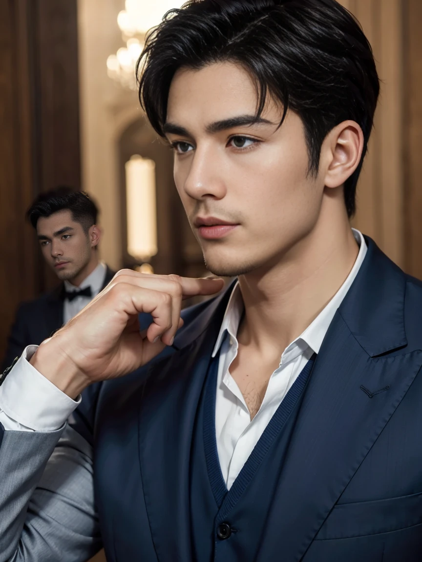 ((masterpiece)),((best quality)),8K,high detail,Very detailed, Very manly,3 men, like,fashion pose, Realistic skin texture, Light,
Royal blue style couple,Perfect hand details