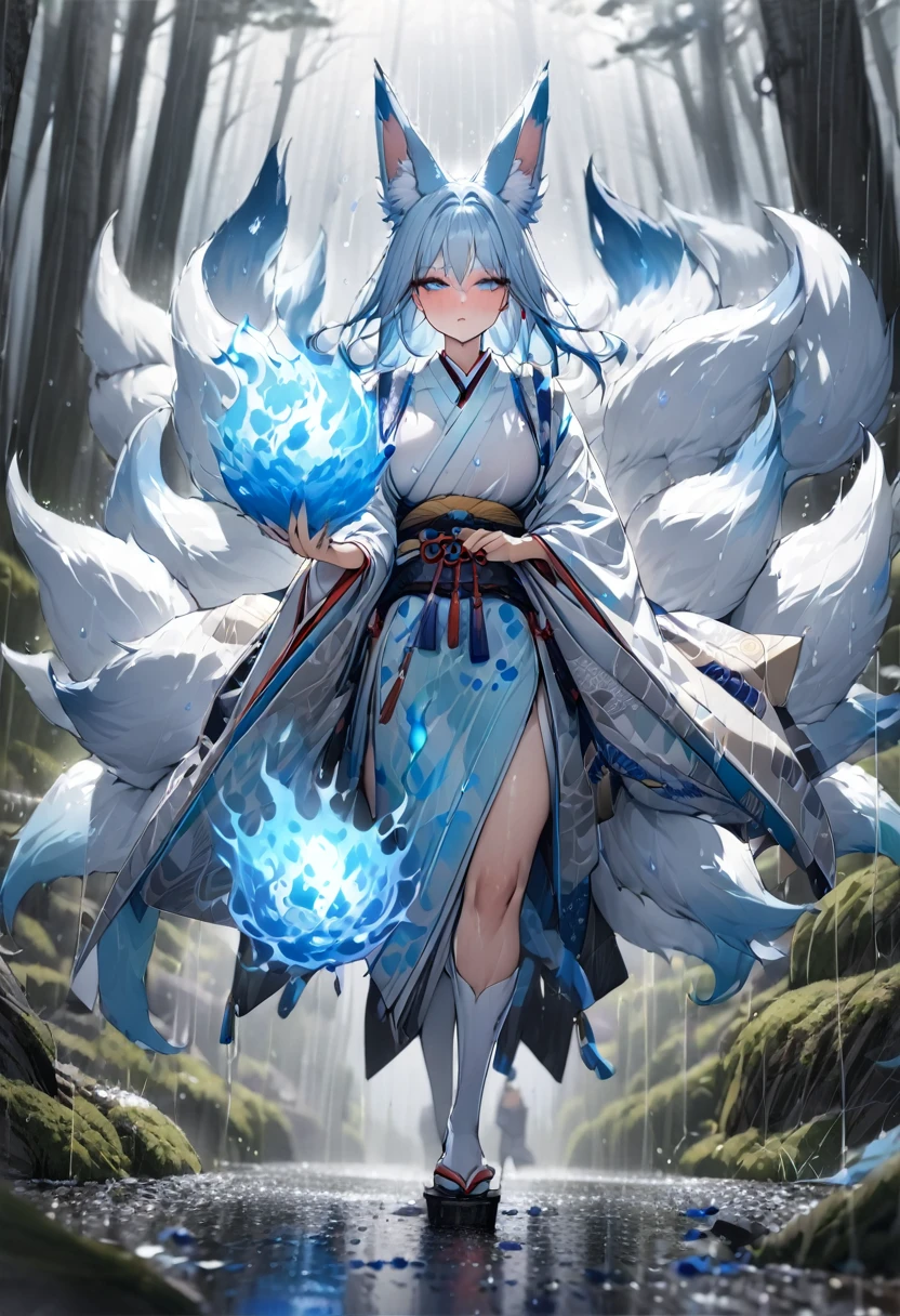 Masterpiece, Extremely detailed, Photo, close distance shot, (A beautiful kitsune woman walking in a rainy forest holding a small ball of blue fire), facing viewer, dynamic pose , fox ears, nine fox tails, traditional Japanese clothing.