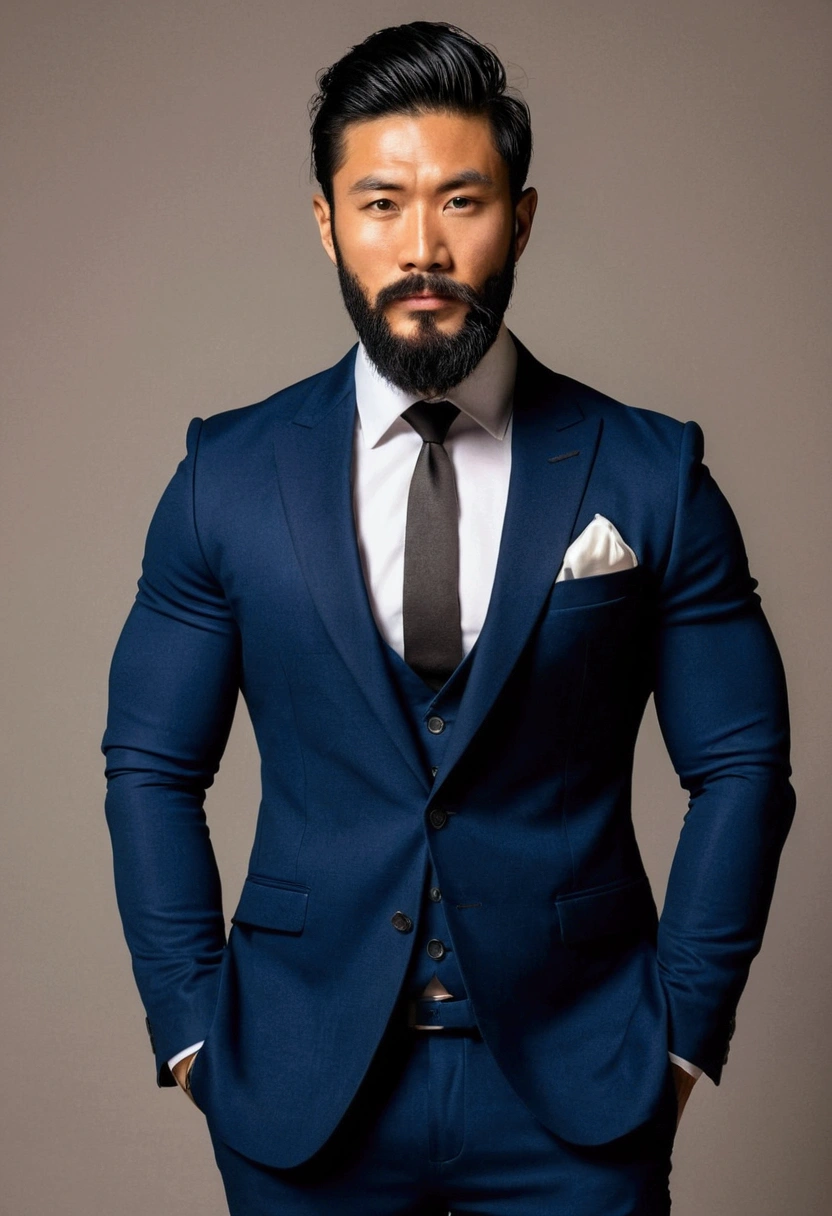 Naked arafed man with beard posing for a photo, strong masculine features,  sexy muscular body, muscular body type, Athletic Body Building,  vestindo um terno, Bblack hair,Asian stylish suit 