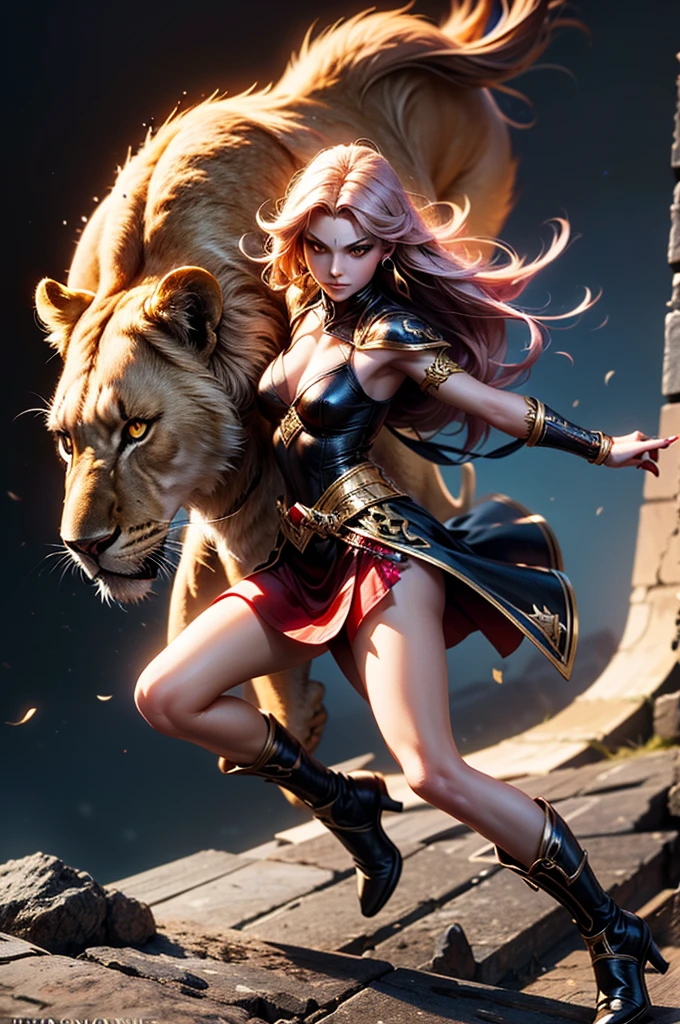 There is lost coliseum there in battle stance stand female lioness , she have ebony colour skin beautiful yellow eyes dark gold eyeshadows make up, ring style earrings, her hair is purple with pink highlights . she dressed in white neather topic with golden parts on countures also short and white leather straps on her legs instead of boots, her hands have hude ruby claws on her fingers, (ultra high quality fantasy art, dark fantasy style, masterpiece, ultra high quality character design, 8k quality anime art, realistic anime art, top quality wallpaper illustration, detailed ultra high quality accurate face, high quality design and accurate physic)
