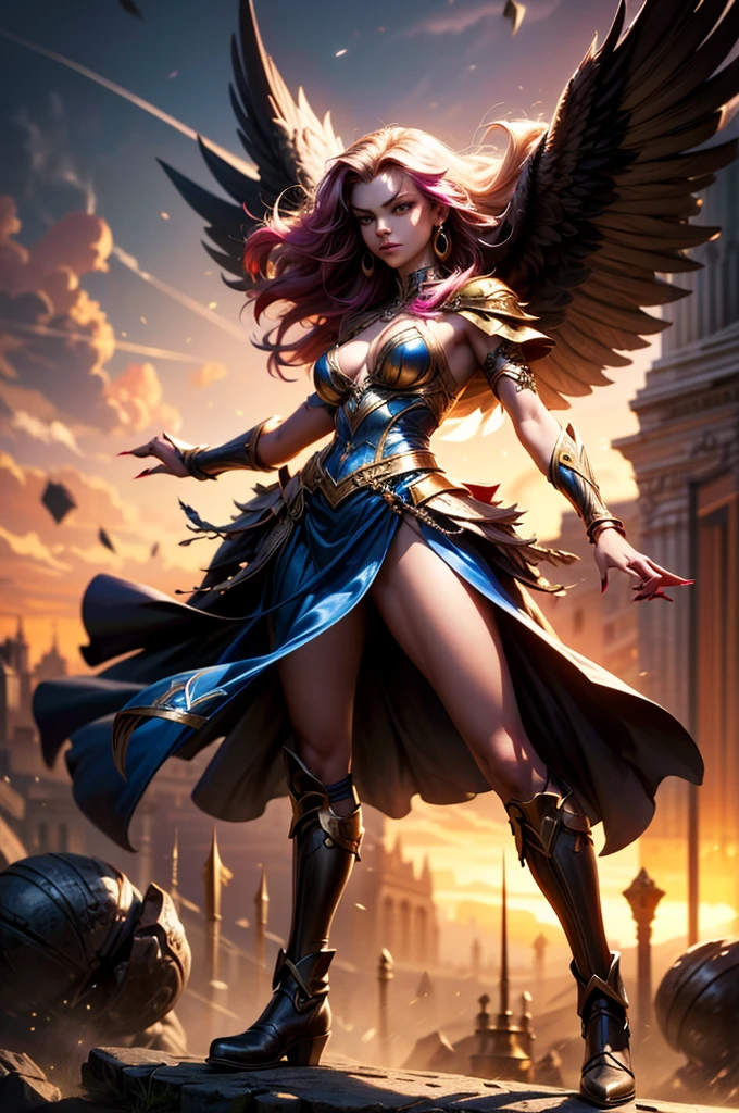There is lost coliseum there in battle stance stand female lioness , she have ebony colour skin beautiful yellow eyes dark gold eyeshadows make up, ring style earrings, her hair is purple with pink highlights . she dressed in white neather topic with golden parts on countures also short and white leather straps on her legs instead of boots, her hands have hude ruby claws on her fingers, (ultra high quality fantasy art, dark fantasy style, masterpiece, ultra high quality character design, 8k quality anime art, realistic anime art, top quality wallpaper illustration, detailed ultra high quality accurate face, high quality design and accurate physic)
